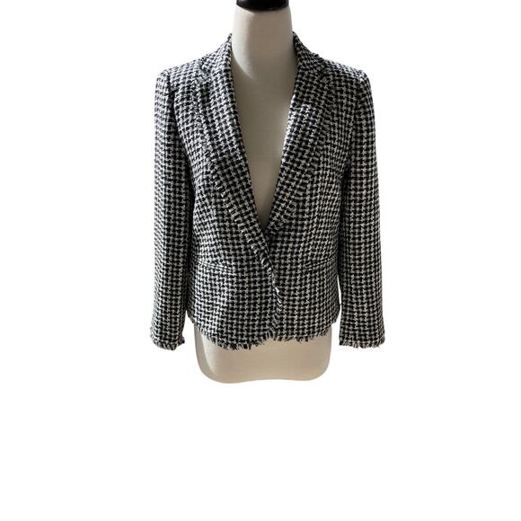 Houndstooth Cropped Long Sleeve Blazer w/Fringe Hem Size 4 - Picture 1 of 7